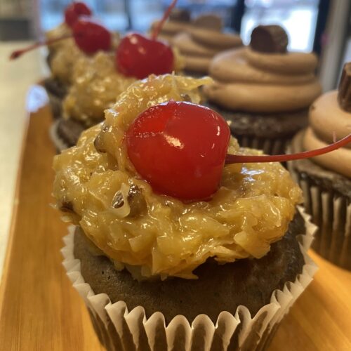 German_Chocolate_cupcake,_chocolate_cake,_german_choclate_filling,_german_chocolate_icing_or_chocolate_buttercream,_marachino_cherry_topped German_Chocolate_cupcake,_chocolate_cake,_german_choclate_filling,_german_chocolate_icing_or_chocolate_buttercream,_marachino_cherry_topped